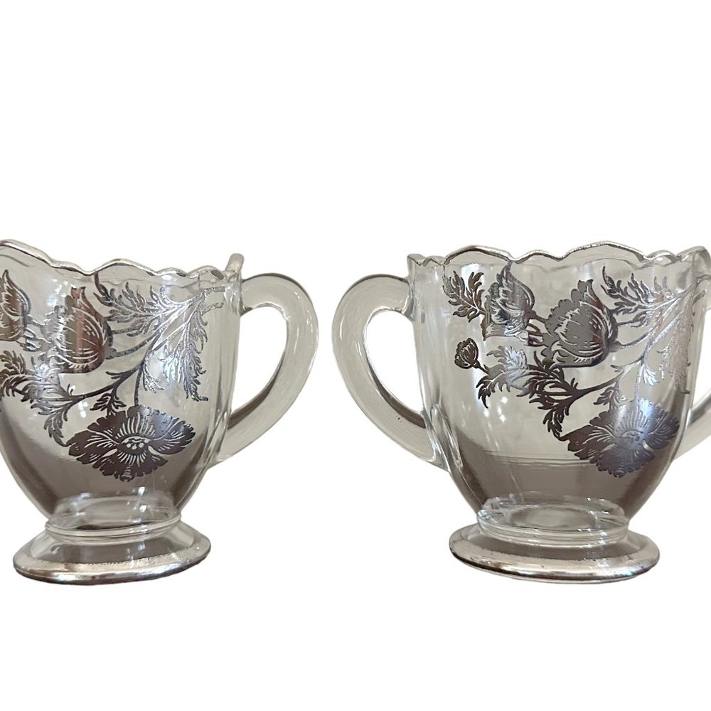 Silver City Glass Creamer Sugar Bowl w/ Silver Overlay Flanders Poppies Pattern